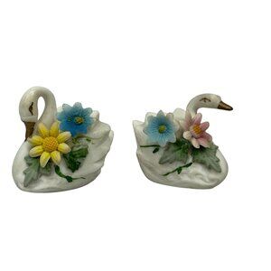 Vintage Ceramic Swan Figurine Pair Floral Accents Hand-Painted Made In Japan